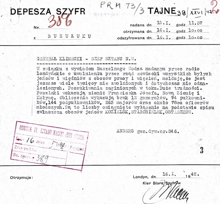 Coded message from Gen. W. Anders to Maj.-Gen. T. Klimecki, Chief of Pol Gen Staff, remissing Polish officers