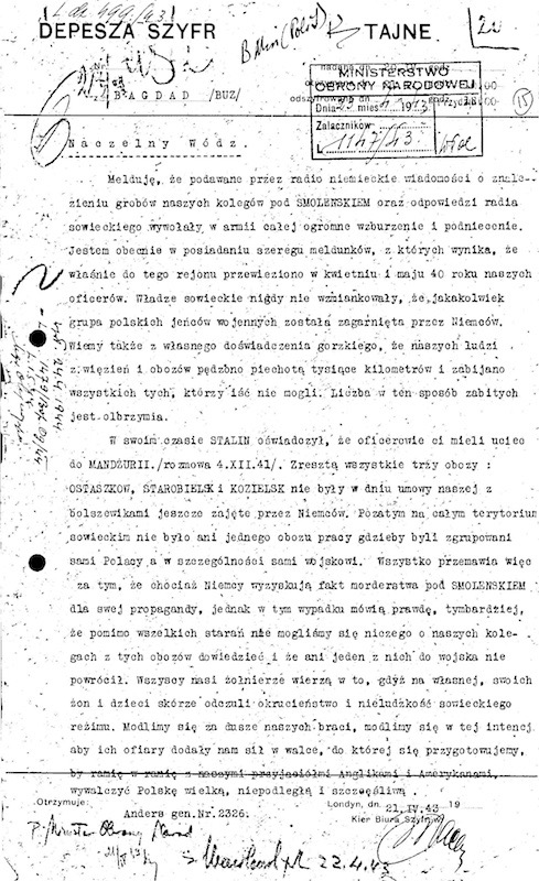 Coded dispatch from Lt. Gen. W. Anders to the C-in-C regarding Katyń