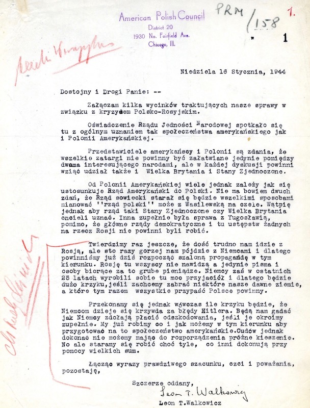 Letter from L. T. Walkowicz, American Polish Council, about the Polish-Soviet crisis
