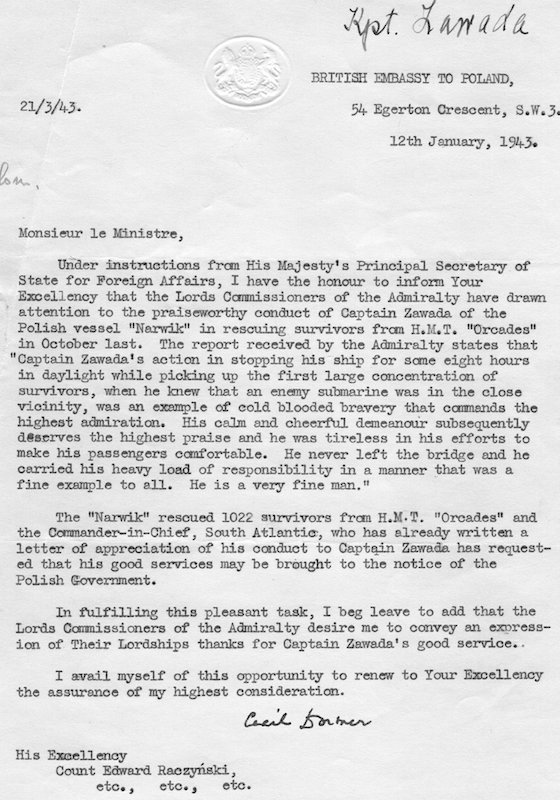 Letter from British Embassy to Poland, regarding Capt. Cz. Zawada (Polish Merchant Navy), saving 1022 lives