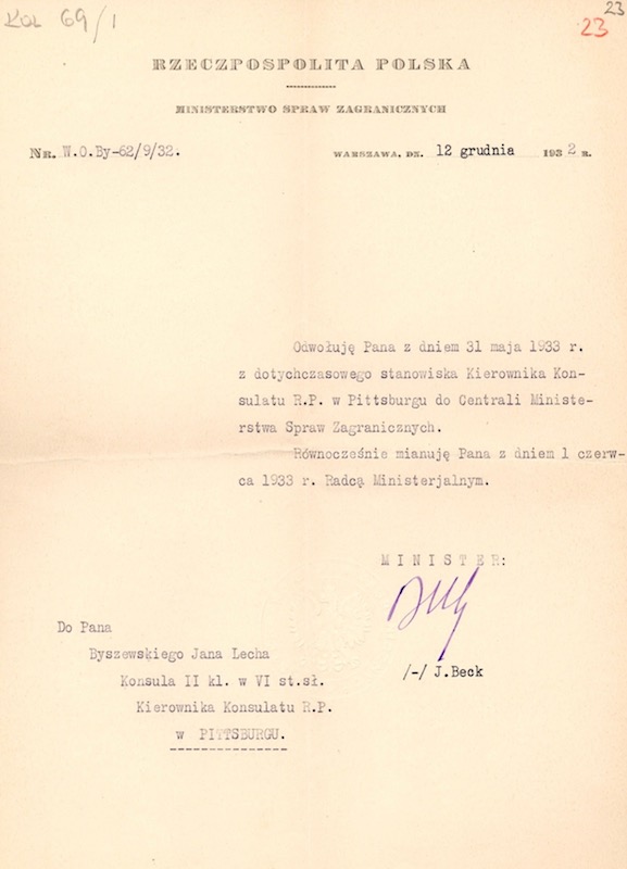 Recall of Consul J. L. Byszewski by Minister Józef Beck