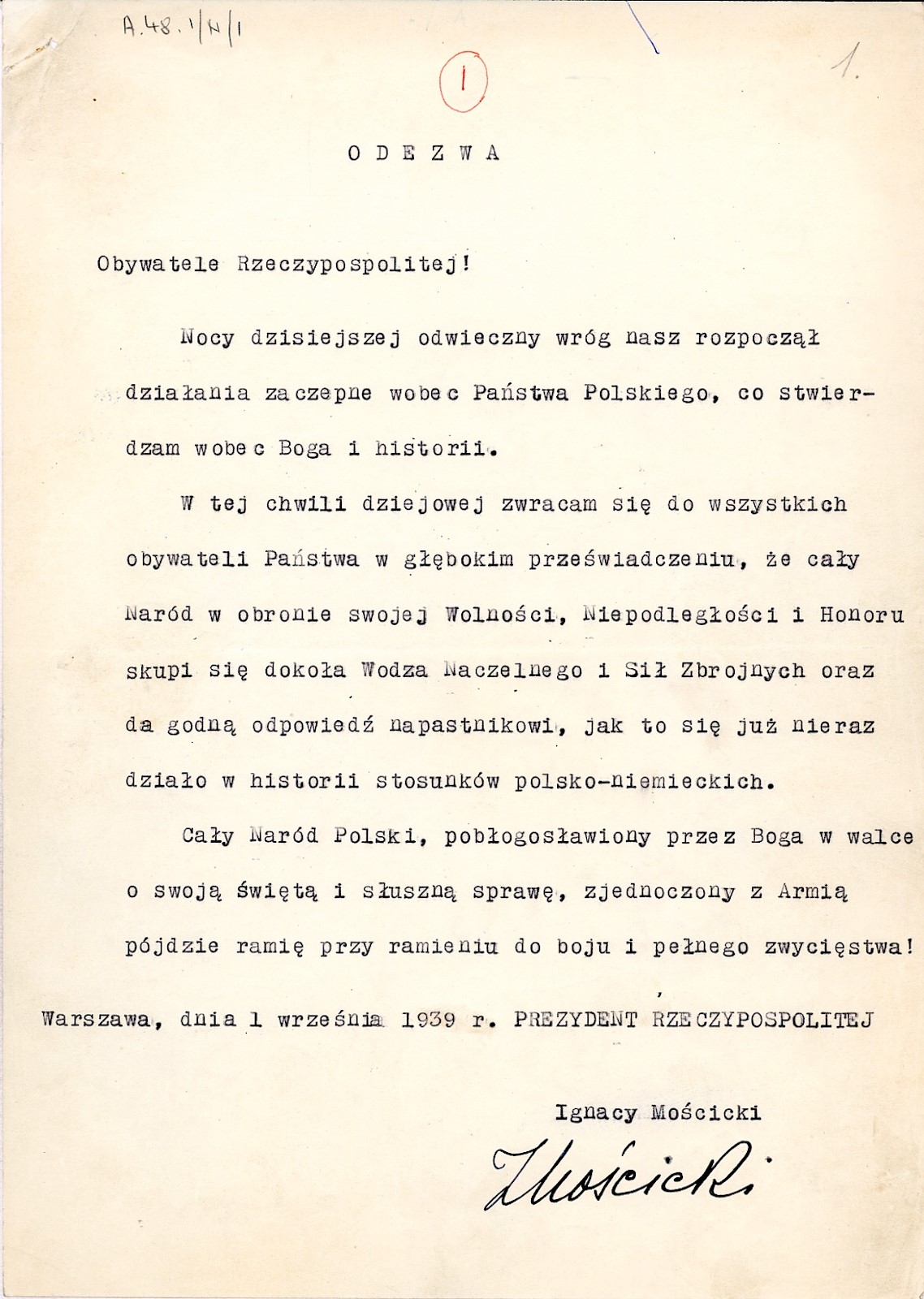 Proclamation of President Ignacy Mościcki to Polish citizens 01.09.1939
