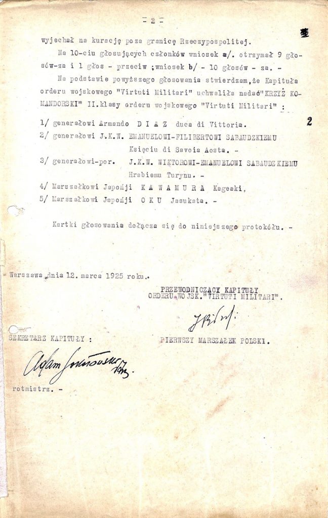 Minutes of the voting of the Chapter of the Order of Virtuti Militari – page 2, signed by Józef Piłsudski